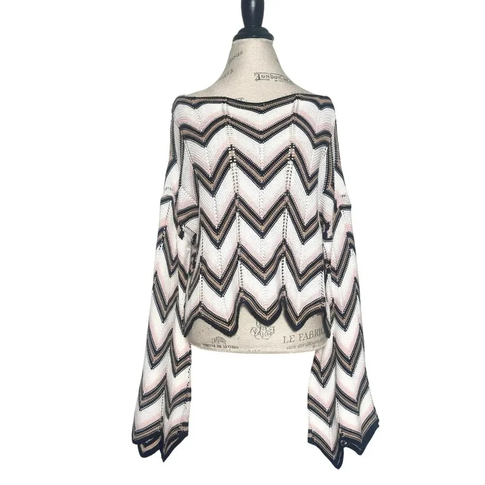 Audrey Parks | Women | Chevron Cropped Pointelle Crochet Knit Sweater | large